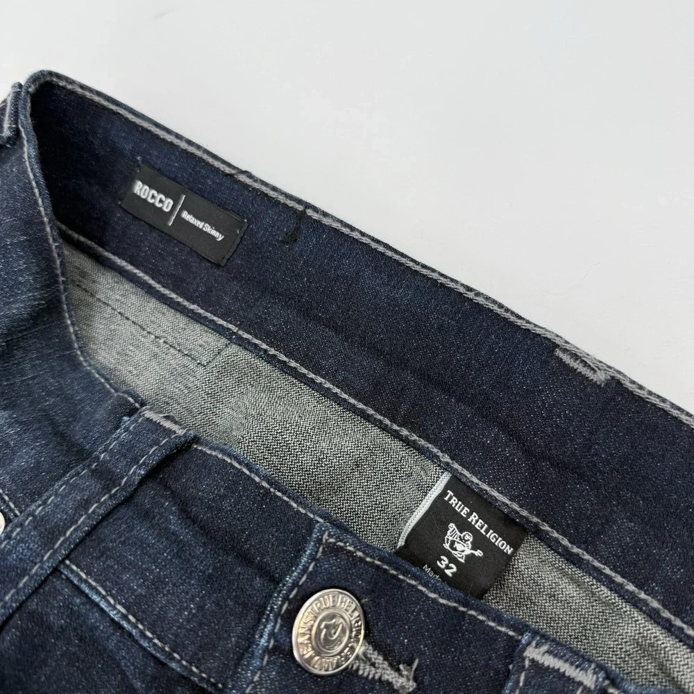 True Religion Mens 32 Rocco Relaxed Skinny Jeans Denim Pockets Dark Wash